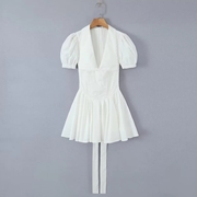 欧美2023夏季修身显瘦百搭法式白色系带娃娃领连衣裙短裙女