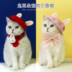 贝雷帽可爱猫咪中小型犬羊毛毡兔耳朵帽子新年兔年头饰保暖帽子