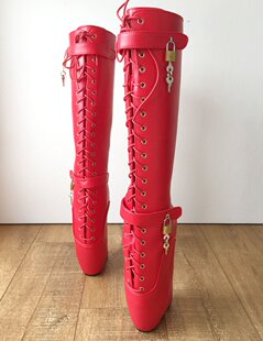 欧美款款亚光红色仿皮上下可锁芭蕾包跟高筒靴子 芭蕾靴 BLZB702b