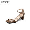 KISS CAT/接吻猫夏款方头一字带粗高跟链条露趾凉鞋女KA21300-12