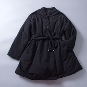 文艺休闲冬款黑色轻盈保暖中式复古赫本风v领羽绒服系带显瘦外套