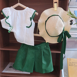 女童休闲韩版套装2023夏装女宝宝，绿色荷叶边上衣短裤两件套送帽子