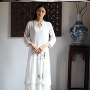 中国风女装，手绘荷花连衣裙文艺复古春夏，七分袖棉麻长裙