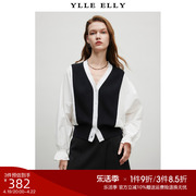 ylleelly黑白撞色开衫秋季短款雪纺拼接全羊毛，针织衫女