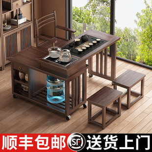 旋转茶桌阳台家用移动茶台喝茶桌椅组合实木小型茶几具烧水壶一体