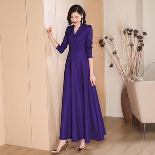 假两件套紫色连衣裙2022秋装收腰气质高端大摆超长裙洋气1628