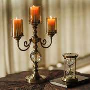 美式古典金属玻璃三头烛台欧式样板房复古客厅，餐桌玄关装饰摆件