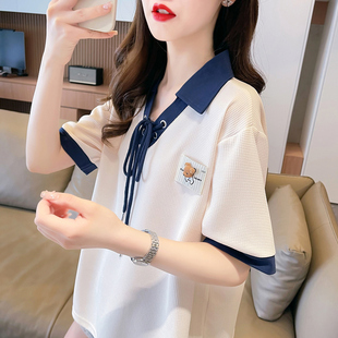 华夫格短袖t恤女夏季韩版宽松大码女装小个子假两件撞色翻领上衣
