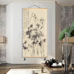新中式国画仿古画书房客厅玄关办公室装饰画竖版免打孔布艺挂画