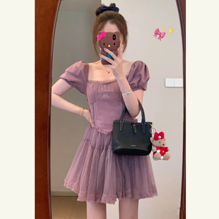 芭蕾风紫色短袖连衣裙女夏季甜辣风小个子公主，裙收腰显瘦蓬蓬裙子