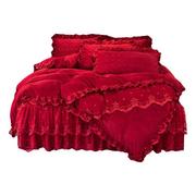高端婚庆宝宝绒四件套床裙加绒加厚夹棉床罩结婚红色陪嫁床品冬季