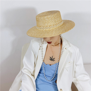 法式珍珠挂脖链条平顶麦秆，草帽遮阳帽女夏季百搭气质名媛海边帽子