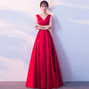 红色晚礼服裙平时可穿v领高端合唱演出服无袖，长款连衣裙新娘优雅