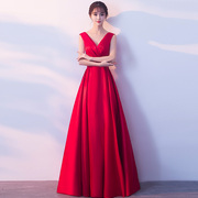 红色晚礼服裙平时可穿v领高端大气合唱演出服，无袖长款连衣裙新娘