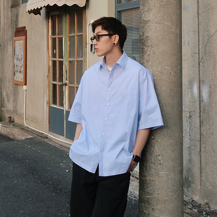 costfulro夏季蓝白条纹，短袖衬衫cityboy日系宽松衬衣外套男女