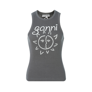 ganni24春夏深灰色，太阳字母印花女士，修身打底吊带背心上衣