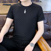 格子冰丝短袖t恤男夏季薄款潮牌高端圆领速干修身体恤衫上衣透气