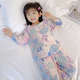 儿童棉绸睡衣薄款夏季长袖，女童小孩绵绸，空调家居服紫爱心中大套装