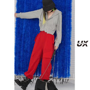 ux秋季红色工装裤，女中长款宽松显瘦松紧腰运动时尚长裤