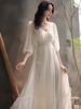 超好看白色雪纺V领礼服长裙独特设计感收腰绝美公主长袖连衣裙子