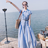 蓝色法式轻熟风连衣裙，女夏季2024设计感气质收腰显瘦衬衫长裙