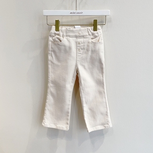 100-150韩系女童米白色磨毛弹力牛仔松紧腰三粒扣裤子