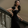 越南小众品牌珍珠坑纹半袖黑色连衣裙高腰显瘦气质年会礼服长裙女