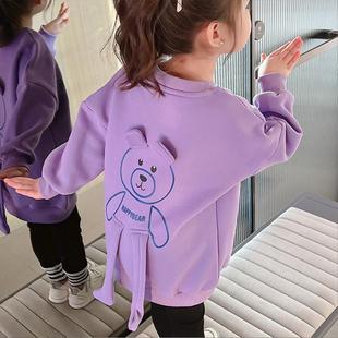女童紫色卫衣卡通熊中长款加绒加厚上衣裙衫秋冬装圆领套头衫