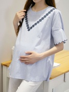 孕妇夏装短袖T恤时尚条纹体恤上衣韩版宽松百搭纯棉中长款衬衫