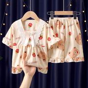 2022夏季女童睡衣草莓小熊短袖薄款纯棉公主风小女孩宝宝空调学生