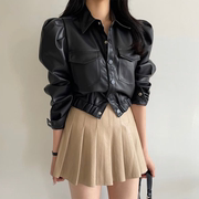 韩国chic复古翻领单排扣双口袋皮衣外套+高腰百褶半身裙短裙套装
