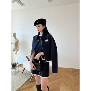 nancycavally意大利工艺美利奴澳毛帅酷拼白边撞色外套连衣裙套装