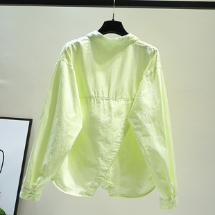荧光黄色设计感开叉短款长袖棉，衬衫女春季韩版法式宽松薄外套上衣