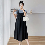 孕妇连衣裙套装黑色显瘦背带裙+针织镂空短袖，两件套韩版套装