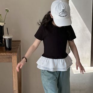 韩系女童雪纺拼接短袖t恤黑白上衣小童，夏装天丝牛仔阔腿裤套装
