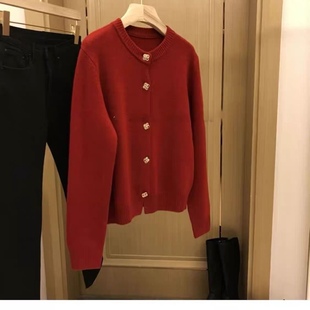 贺年装100%纯羊毛加厚圆领红色羊绒开衫针织外套毛衣DYMX方钻扣