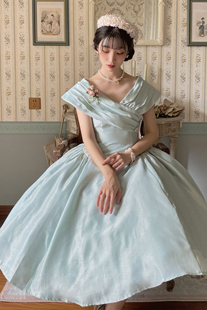 法式复古优雅50年代vintage翻领大裙摆连衣裙高级礼服公主裙