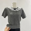 韩系设计感蕾丝拼接蝴蝶结上衣女夏季泡泡袖针织衫甜美灰色打底衫