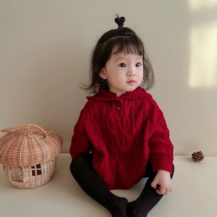 INS韩版女童外套宝宝洋气针织衫连帽斗篷罩衫纯色棉纱线毛衣外套