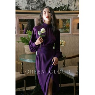 绿色云 深眸宝石简约优雅小众设计绑带收腰灯笼袖深紫色连衣裙
