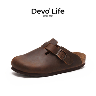 Devo/的沃软木拖鞋女休闲包头半包半拖套脚时尚复古日系文艺3624