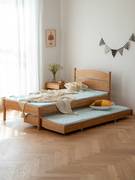 北欧儿童床拼接床1.35米加宽折叠床白橡木实木床1m抽拉拖床组合床