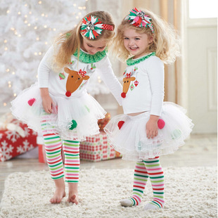 女孩儿童欧美秋冬季款 圣诞麋鹿印花t恤+蓬蓬条纹裙裤两件套装ins