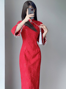 红色旗袍新娘敬酒服2023新中式年轻款少女结婚订婚蕾丝连衣裙