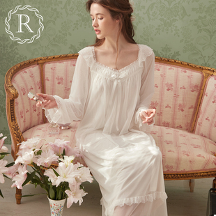 rosetree宫廷风睡裙女春秋季白色，长袖长款甜美公主睡衣2024年