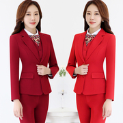 职业套装女西装春秋，商务正装时尚气质职业装，长袖红色西服韩版