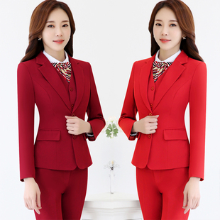 职业套装女西装春秋商务正装时尚气质职业装长袖红色西服韩版