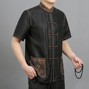 香云纱男装真丝桑蚕丝唐装，中式爸爸装上衣中老年丝绸短袖衬衫