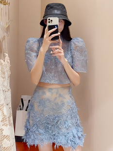越南设计师蕾丝薄纱钩花网纱泡泡袖短袖圆领上衣半裙两件套装