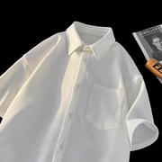白色华夫格短袖衬衫男夏季潮牌休闲大码工装衬衣纯色简约薄款外套